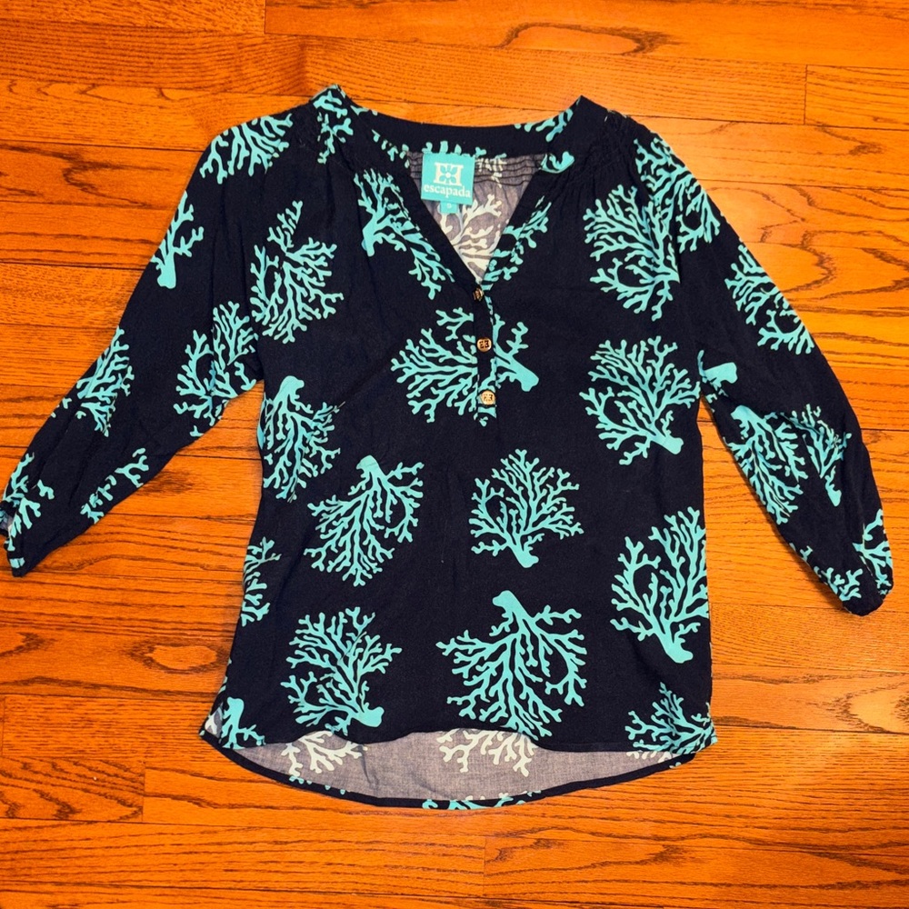 Black & Aqua Coral Print Henley Top